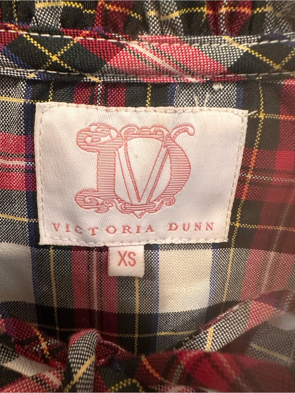 Victoria Dunn Red, White Black Plaid Ruffle Tie-Neck & Sleeve Blouse Holiday XS - Picture 9 of 12
